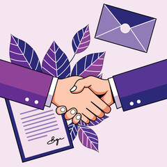 handshake between two businessmen illustration with empleop and paper