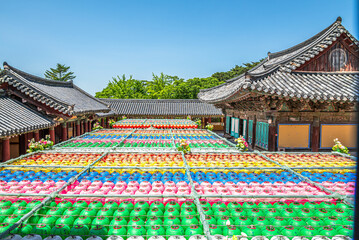 View at the Roofs of Bulguksa Buddhist Temple with Colored Lantern near Gyeongju in South Korea