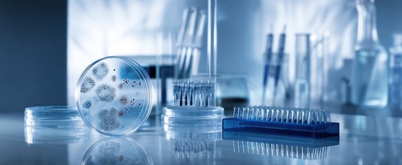 The laboratory scene featuring petri dishes and scientific equipment in a clinical setting.