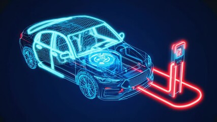 Futuristic Wireframe Electric Car Charging at Neon Energy Station with Glowing Red Power Cables - Powered by Adobe