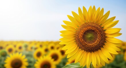 Fototapeta premium Close-up photo of sunflower fields and blue sky,ひまわり畑と青空のクローズアップ写真