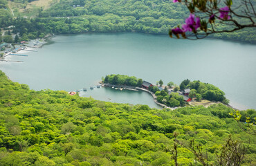 赤城山から見下ろす6月の大沼と赤城神社の風景