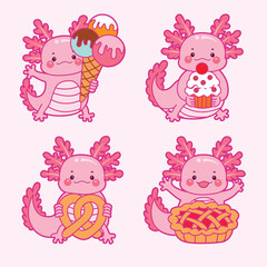 Four cartoon pink axolotls holding treats like ice cream a cupcake pretzel and pie