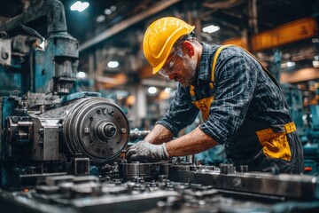 A man in overalls and a yellow helmet working on an industrial machine at the factory. An engineer is operating a lathe with metal raw material