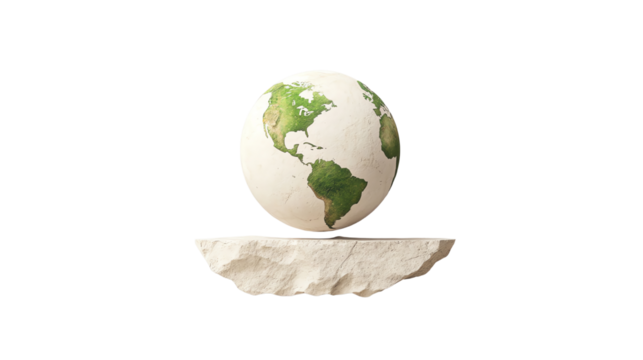 Textured globe resting on a stone pedestal, symbolizing nature and global awareness, white isolate background.