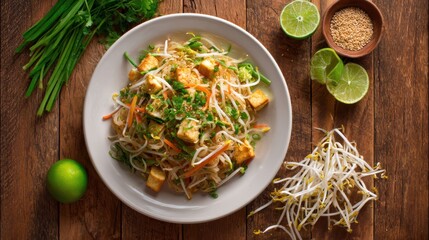Delicious vegetarian pad thai served in a bowl, garnished with lime and fresh vegetables on a rustic wooden table.
