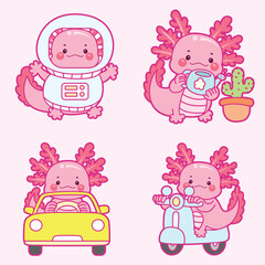 Obraz premium Four pink axolotl illustrations on a pink background
