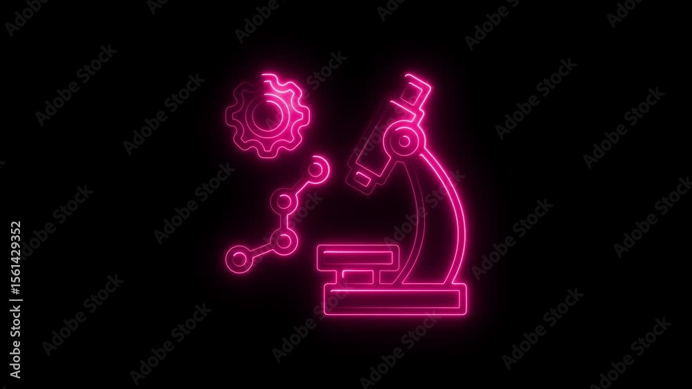 Poster glowing neon science icon animation loop microscope gear molecular structure abstract technology