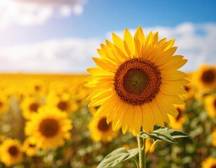 Obraz premium Close-up photo of sunflower fields and blue sky,ひまわり畑と青空のクローズアップ写真