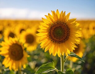 Fototapeta premium Close-up photo of sunflower fields and blue sky,ひまわり畑と青空のクローズアップ写真