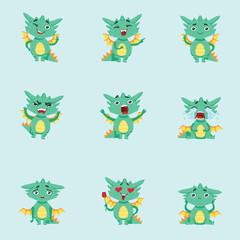 Nine cartoon dragons with various expressions on a blue background