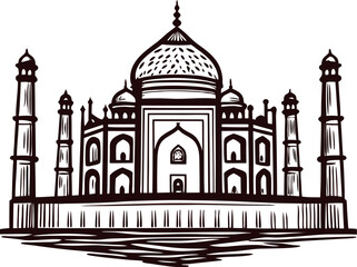 Hand drawn ornate palace illustration with four minarets and large central dome in vintage engraved