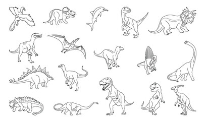 Outlined drawing of various dinosaurs including Tyrannosaurus Rex Stegosaurus Triceratops and others © Neko funny