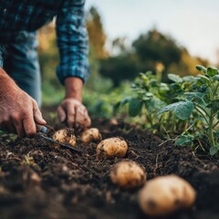 A farmer's hands harvest potatoes from rich, dark soil in a sun-drenched garden