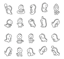 A grid of twenty cartoon dinosaur doodles with varied poses and accessories all outlined in black