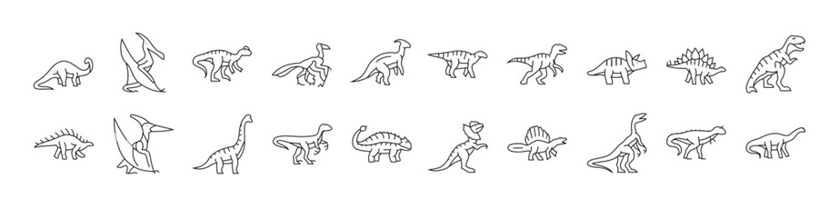 Collection of line drawings representing various types of dinosaurs