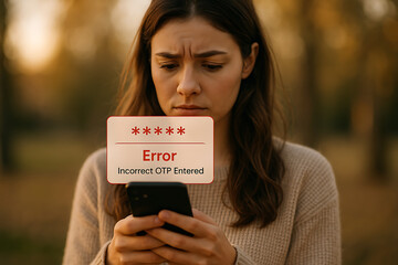 Young woman holding receiving digital error message for incorrect OTP entry, symbolizing secure login failure and mobile verification issues, OTP error, mobile verification, login failure, incorrect 
