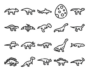 Line art depicts an assortment of dinosaurs and a dinosaur egg on a white background
