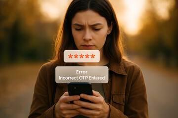 Young woman holding receiving digital error message for incorrect OTP entry, symbolizing secure login failure and mobile verification issues, OTP error, mobile verification, login failure, incorrect 
