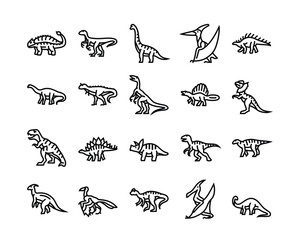 Line drawings of diverse dinosaurs arranged in neat rows on a white background © Neko funny
