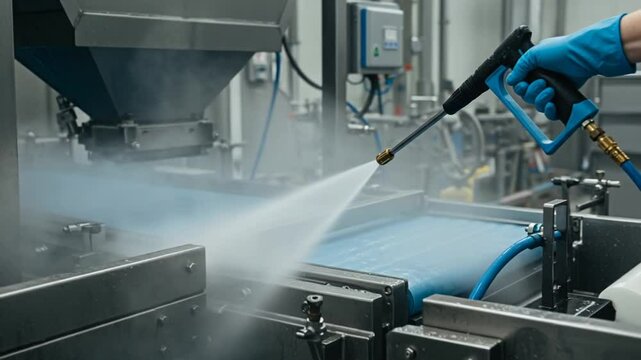 Worker Using High Pressure Water Spray Cleaning Industrial Conveyor Belt System In Factory