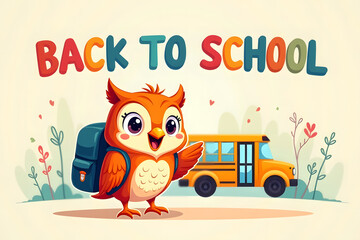 A schoolboy owl with a blue backpack on his back, standing in front of a school bus