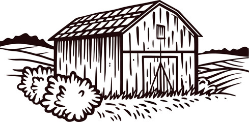 Rustic wooden barn with overgrown bushes and distant fields, hand drawn vintage illustration