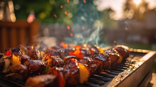 Close-up food photo of sizzling skewers, glazed meat and veggies. Perfect for Independence Day celebration visuals with patriotic background and soft golden light