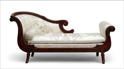 Elegant antique chaise lounge with ornate dark wood frame and luxurious white fabric upholstery