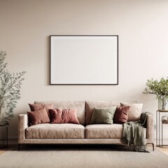 Minimalist living room with beige sofa, muted-toned pillows and throw, large framed print, and potted plants