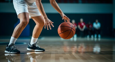 Naklejka premium Basketball Player Dribbling on Court: Dynamic Action Shot & Sports Training