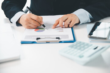 Businesswoman analysis with financial data, marketing business strategy project, Business financing...