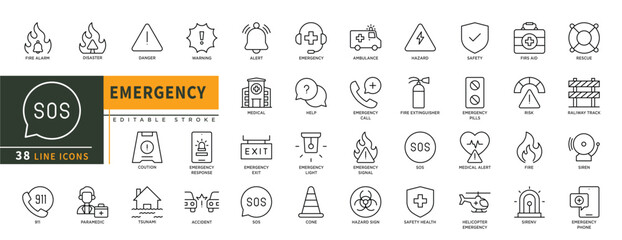 Minimalist Emergency line icons set with editable stroke, featuring danger, warning, coution, emergency response, 911, paramedic, accident, alert, safety, sos, cone, fire. thin linear illustration.