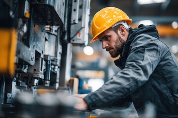Professional worker in a hard hat working with a modern machine on a factory production line.