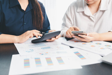 Business meeting, data analytics or women with graph presentation in office. Chart, analysis...