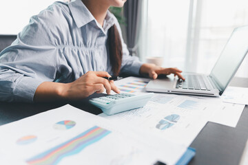 Business woman analyze calculate company financial, tax results office accounting statistics...
