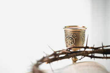 Christianity, holy communion ceremony is sacred act of worship and faith, where bread and wine in...