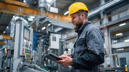Professional worker in a hard hat working with a modern machine on a factory production line.