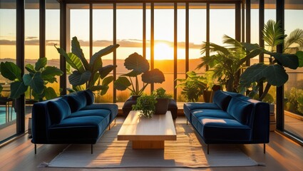 A modern living room with a view of the sunset.