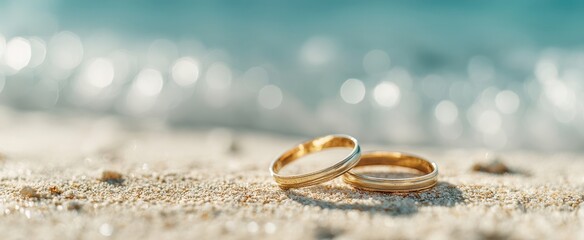 The shimmering wedding rings resting on sandy beach near the ocean waves.