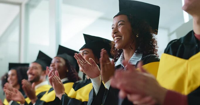 Graduation, applause and group of students at ceremony for academic success or education milestone. Happy people, graduate or clap for college goal, finish university or celebration with peer support