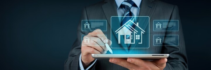 Person using a tablet to interact with digital house icons.