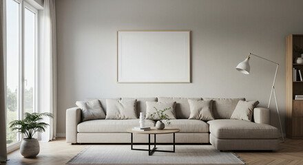 Modern apartment living room interior with a comfortable couch, contemporary furniture, and stylish decor