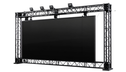 A large rectangular blank black LED screen with a transparent frame and dark grey metal truss structures, with even lighting on white bg in Png.