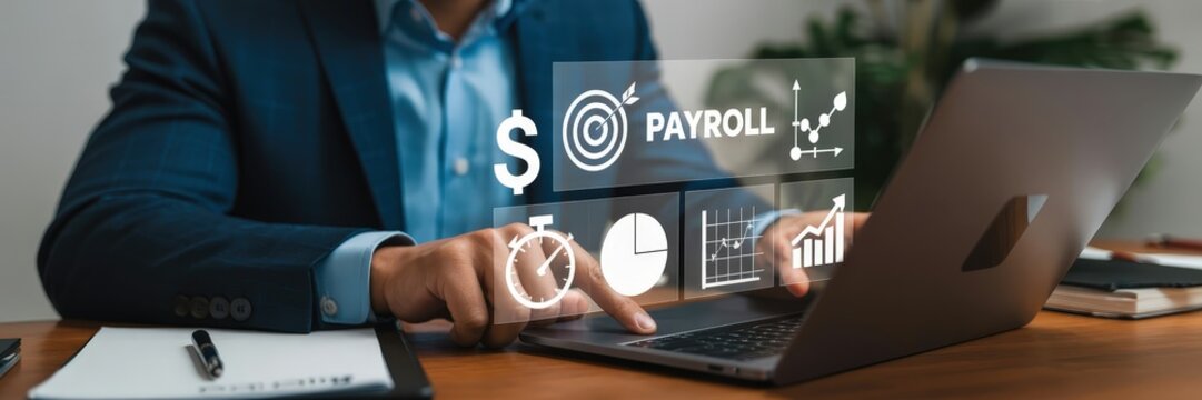 Businessperson working on payroll management on a laptop.