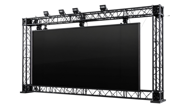 A large rectangular blank black LED screen with a transparent frame and dark grey metal truss structures, with even lighting on white bg in Png.