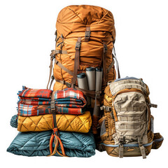 Camping gear backpacks and sleeping bags isolated on transparent background