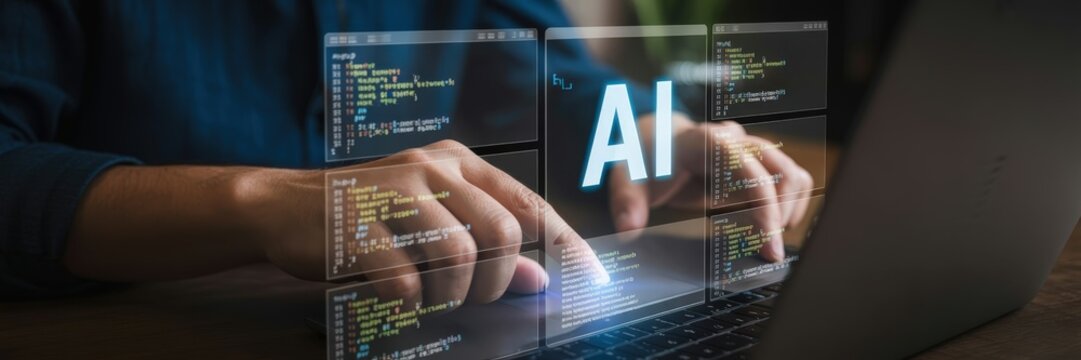 Person working on a laptop with artificial intelligence code displayed. - Powered by Adobe