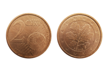 Germany 2 Euro Cent 2002 coin, made of Copper-plated steel, oak twig with two leaves, 12 stars of the European Union, Africa and Asia