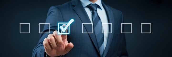 Businessperson selecting checkboxes on a digital interface.